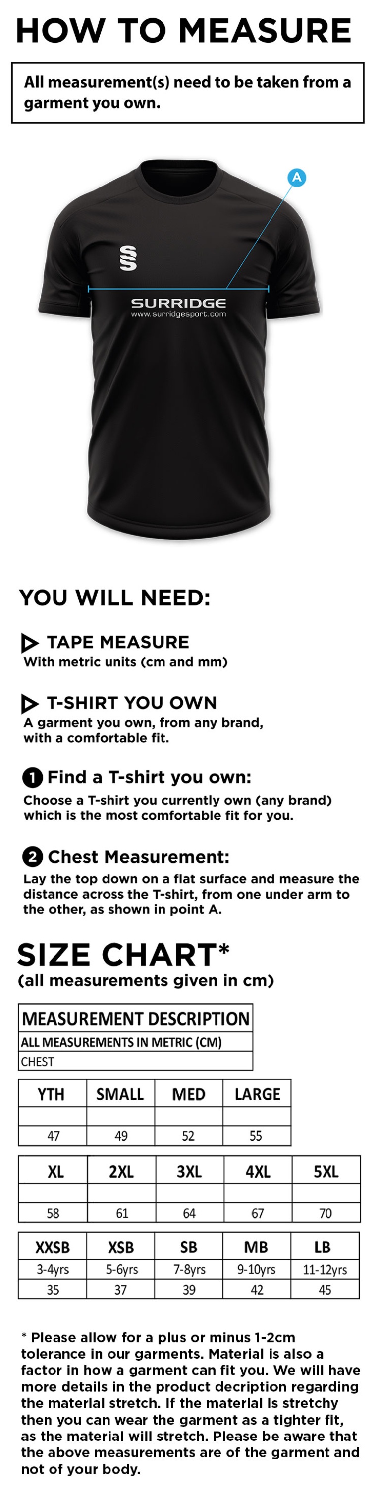 Salisbury College - Blade Training shirt - Size Guide