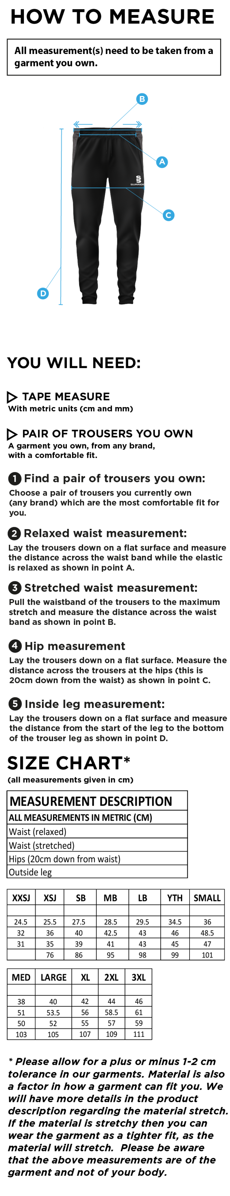Salisbury College - Tek Slim Training Pants - Size Guide