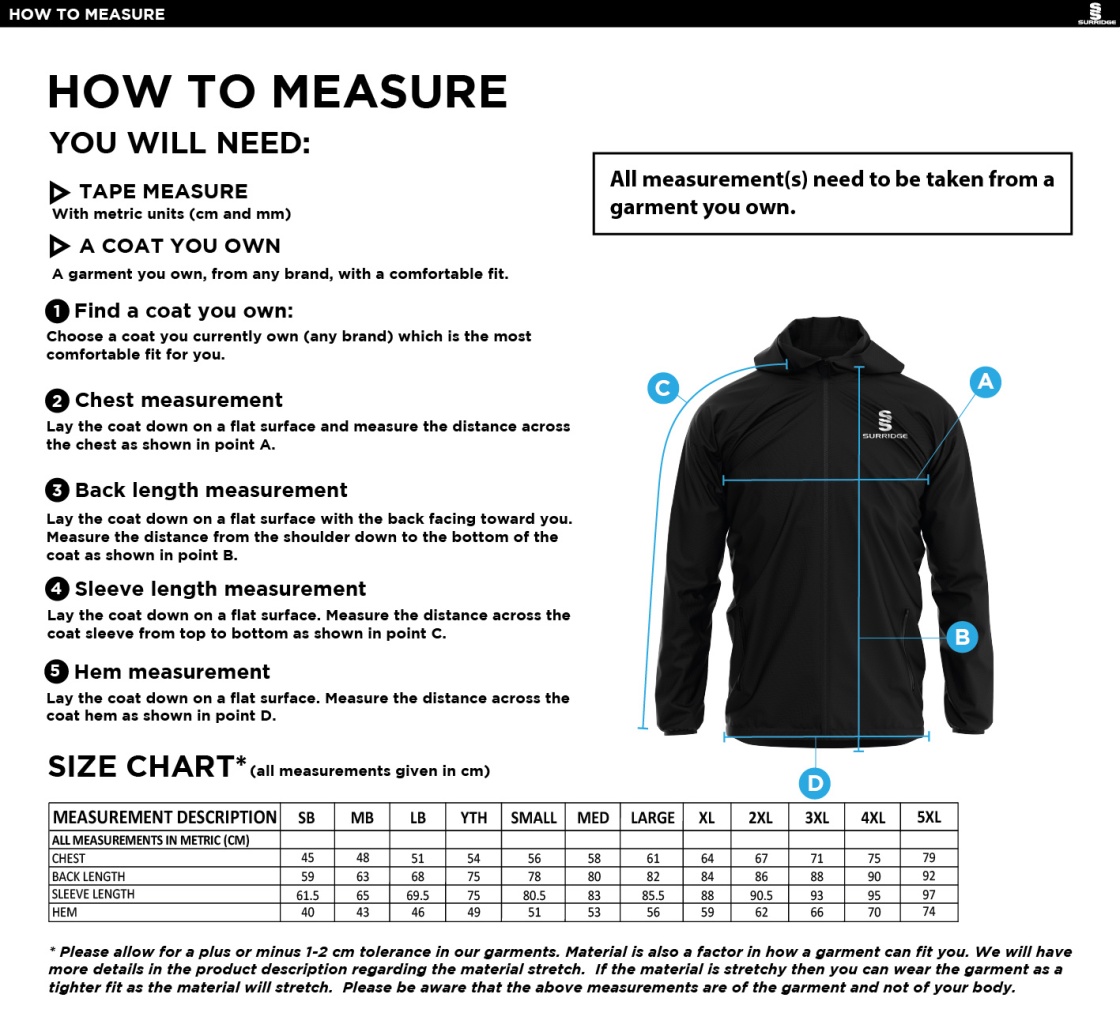 Salisbury College - Dual Full Zip Training Jacket - Size Guide