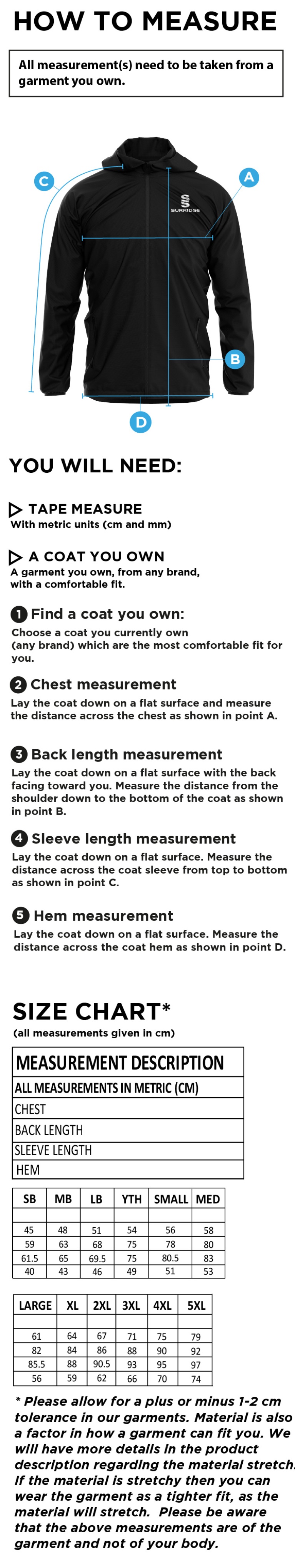 Salisbury College - Dual Full Zip Training Jacket - Size Guide