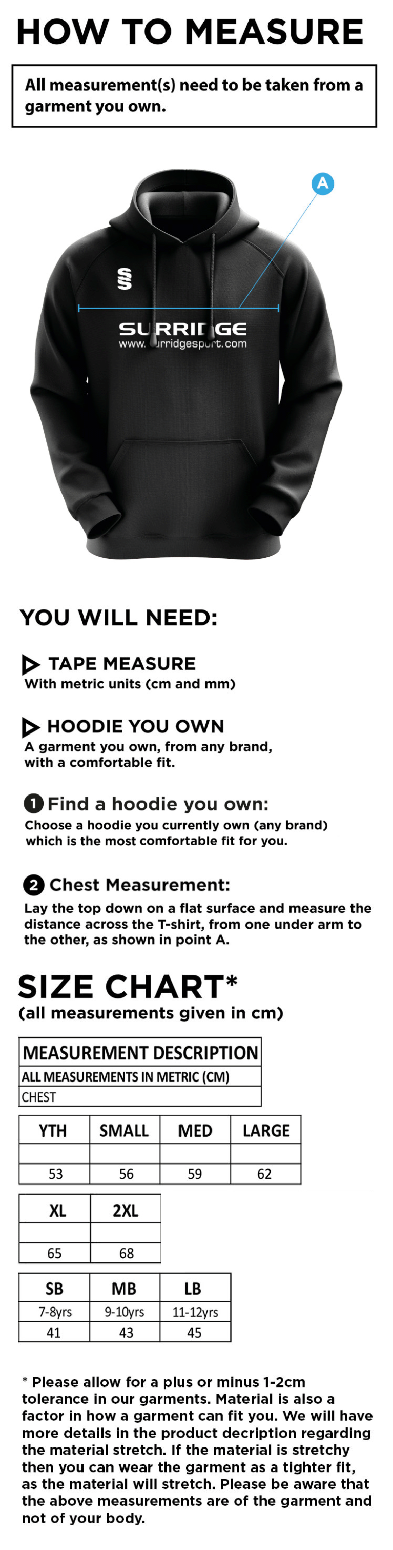 Salisbury College - Blade Hoody - Size Guide
