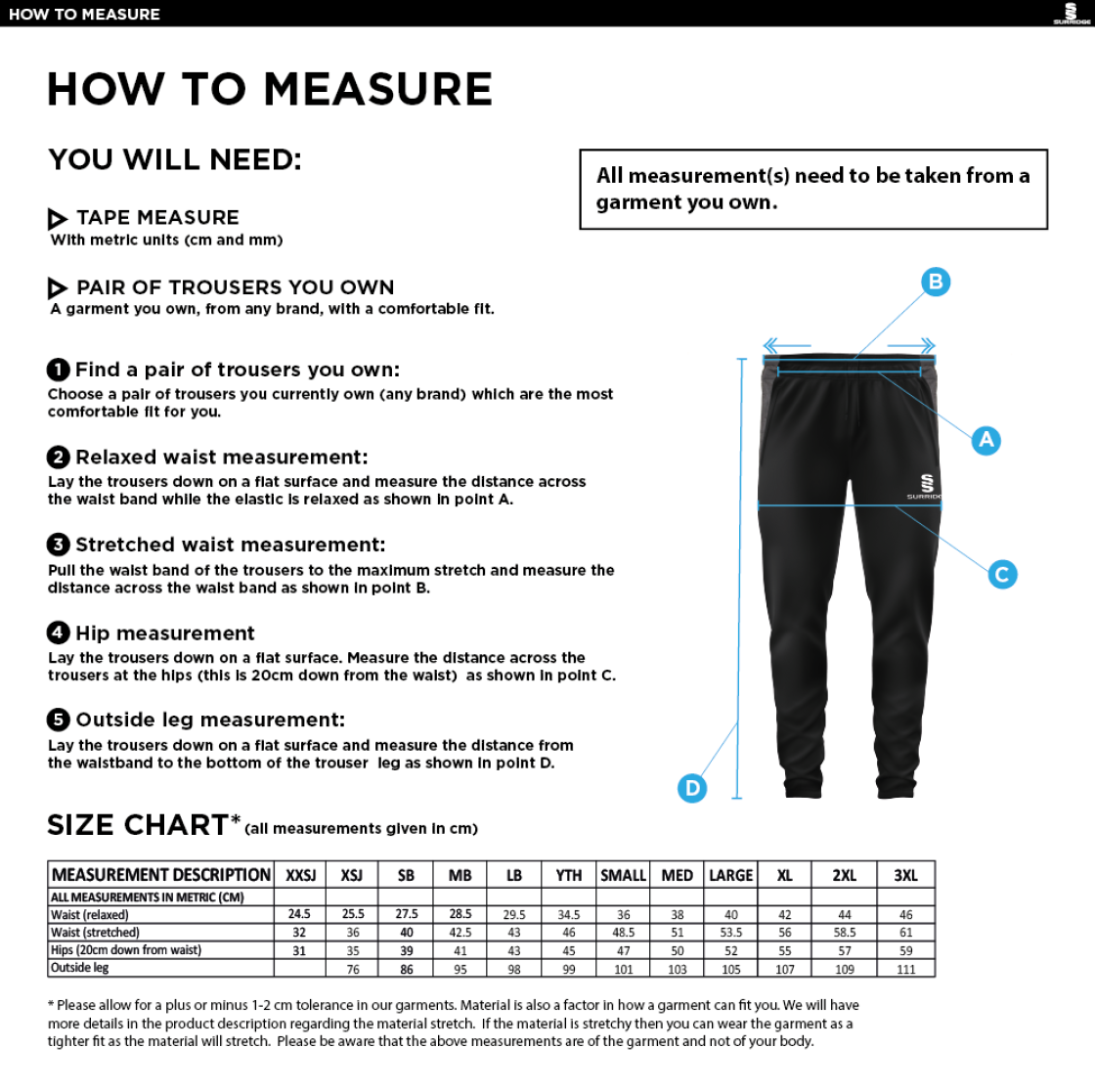 Salisbury College - Tek Slim Training Pants - Size Guide