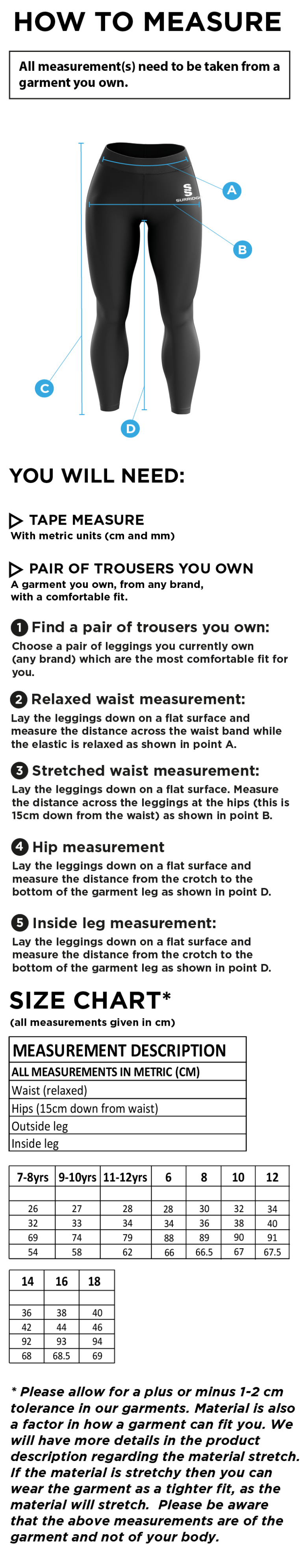 Salisbury College - Performance Full Length Leggings - Size Guide