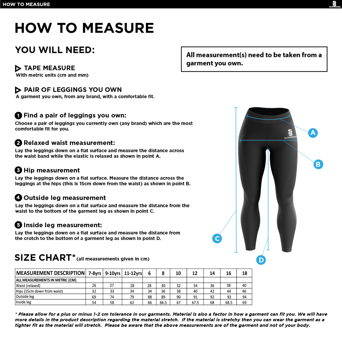 Salisbury College - Performance Full Length Leggings - Size Guide